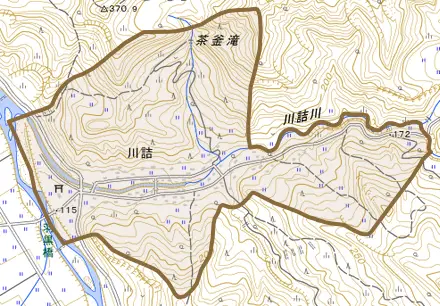 大字川詰とその周辺の地図。町の範囲を重ねている