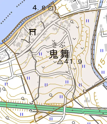 大字鬼舞とその周辺の地図。町の範囲を重ねている