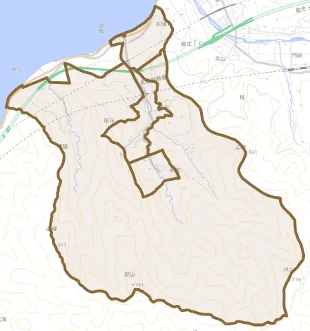 大字木浦とその周辺の地図。町の範囲を重ねている