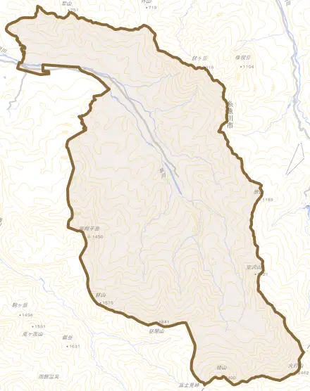 大字越とその周辺の地図。町の範囲を重ねている