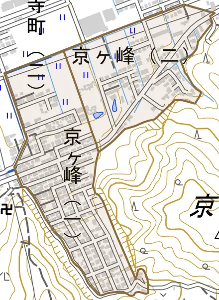 京ケ峰とその周辺の地図。町の範囲を重ねている