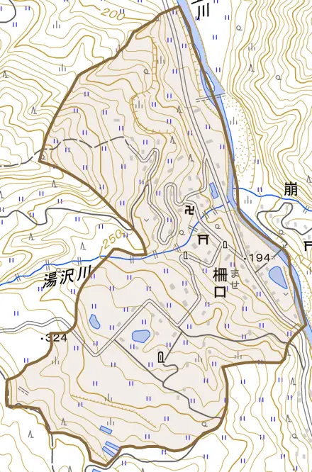 大字柵口とその周辺の地図。町の範囲を重ねている