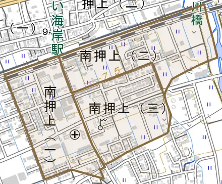 南押上とその周辺の地図。町の範囲を重ねている