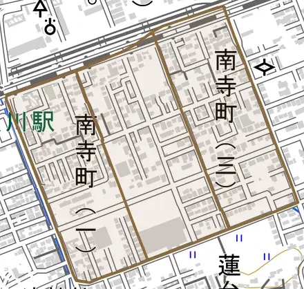南寺町とその周辺の地図。町の範囲を重ねている