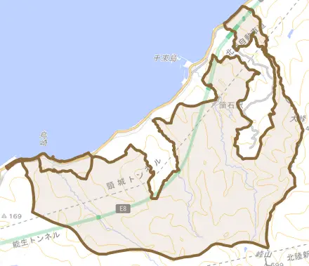 大字百川とその周辺の地図。町の範囲を重ねている
