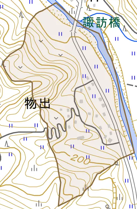 大字物出とその周辺の地図。町の範囲を重ねている
