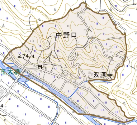 大字中野口とその周辺の地図。町の範囲を重ねている