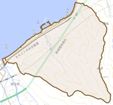 大字中宿とその周辺の地図。町の範囲を重ねている