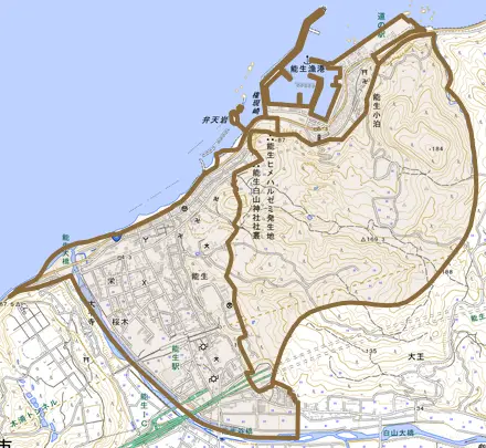 大字能生とその周辺の地図。町の範囲を重ねている