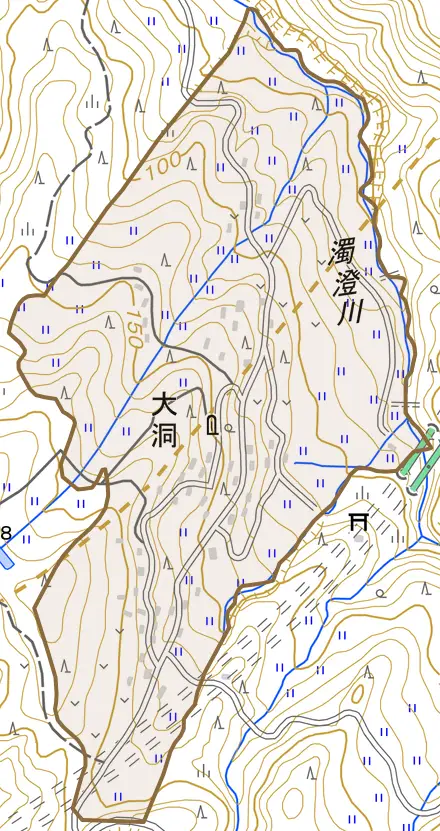 大字大洞とその周辺の地図。町の範囲を重ねている