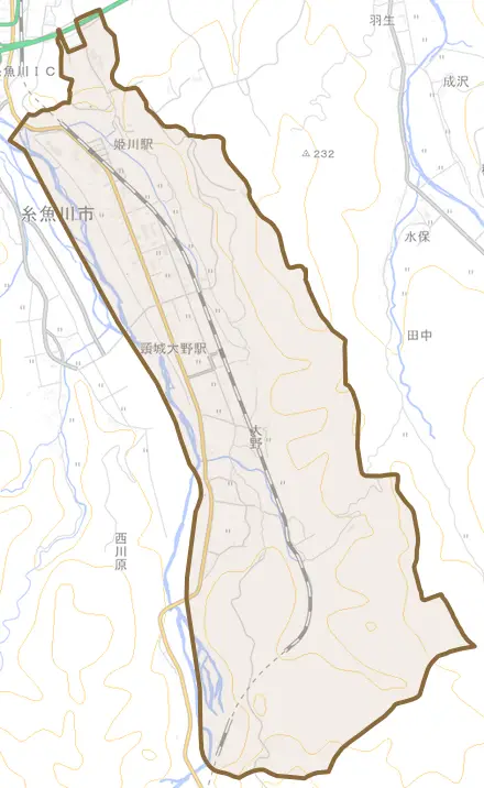 大字大野とその周辺の地図。町の範囲を重ねている