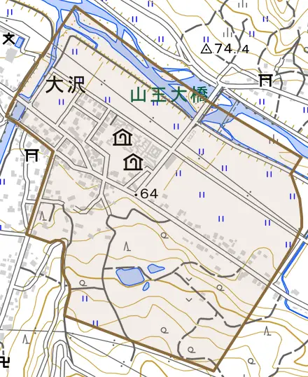 大字大沢とその周辺の地図。町の範囲を重ねている
