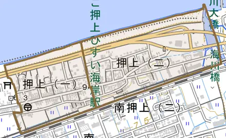 押上とその周辺の地図。町の範囲を重ねている