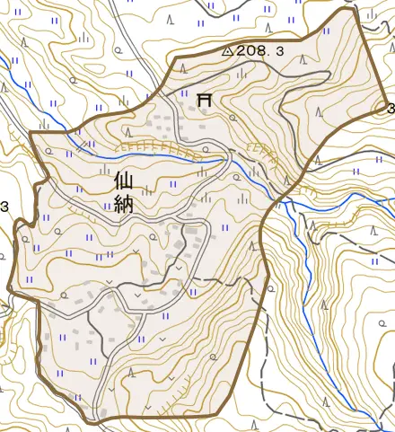 大字仙納とその周辺の地図。町の範囲を重ねている