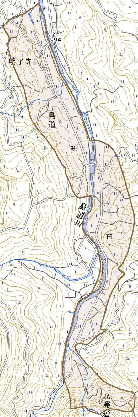 大字島道とその周辺の地図。町の範囲を重ねている