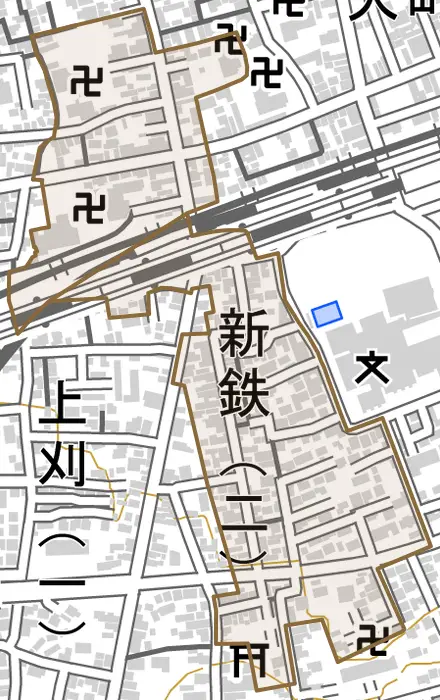 新鉄とその周辺の地図。町の範囲を重ねている