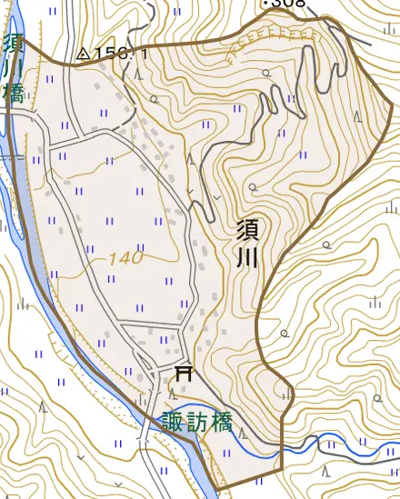 大字須川とその周辺の地図。町の範囲を重ねている
