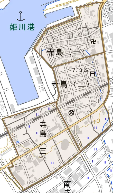 寺島とその周辺の地図。町の範囲を重ねている