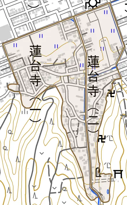 蓮台寺とその周辺の地図。町の範囲を重ねている