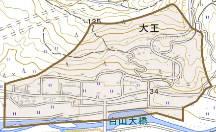 大字大王とその周辺の地図。町の範囲を重ねている