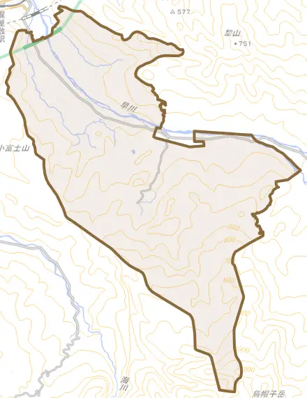 大字田屋とその周辺の地図。町の範囲を重ねている