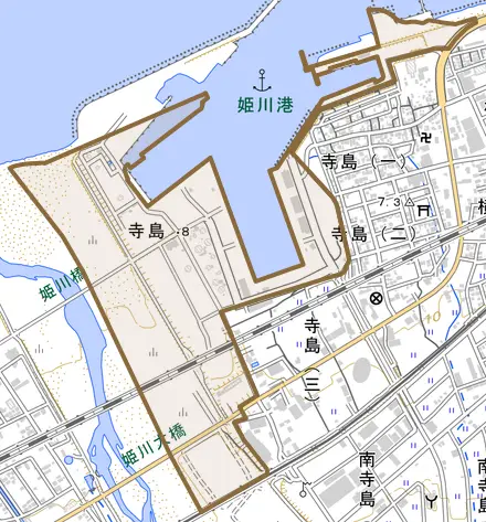 大字寺島とその周辺の地図。町の範囲を重ねている