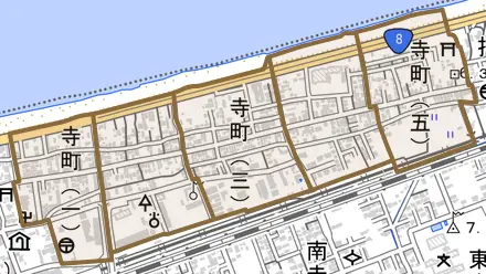 寺町とその周辺の地図。町の範囲を重ねている