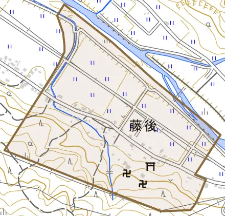 大字藤後とその周辺の地図。町の範囲を重ねている