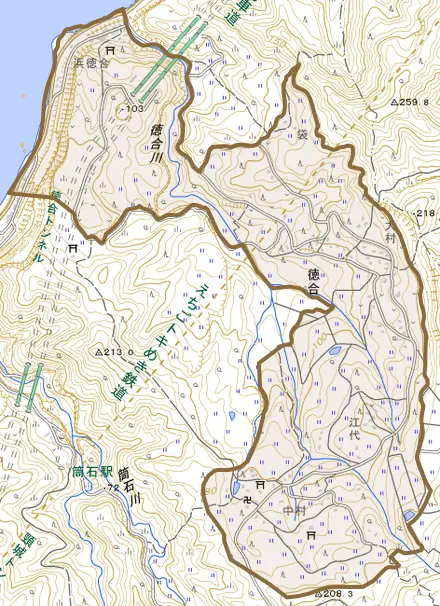 大字徳合とその周辺の地図。町の範囲を重ねている