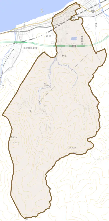大字田海とその周辺の地図。町の範囲を重ねている
