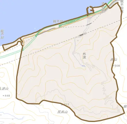 大字外波とその周辺の地図。町の範囲を重ねている