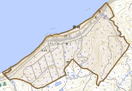 大字藤崎とその周辺の地図。町の範囲を重ねている