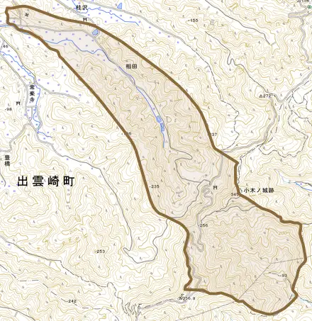 大字相田とその周辺の地図。町の範囲を重ねている