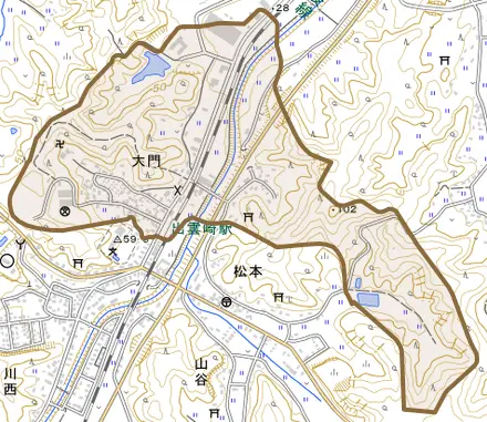 大字大門とその周辺の地図。町の範囲を重ねている