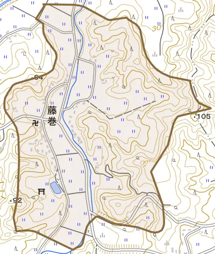 大字藤巻とその周辺の地図。町の範囲を重ねている