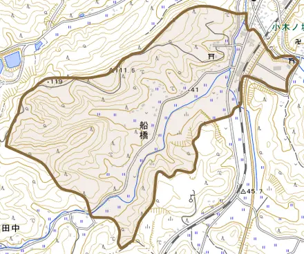 大字船橋とその周辺の地図。町の範囲を重ねている