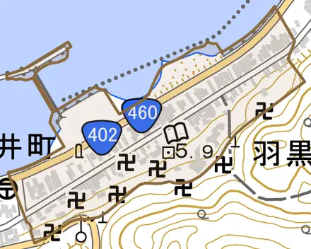 大字羽黒町とその周辺の地図。町の範囲を重ねている
