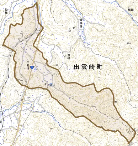 大字市野坪とその周辺の地図。町の範囲を重ねている