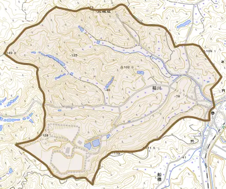 大字稲川とその周辺の地図。町の範囲を重ねている