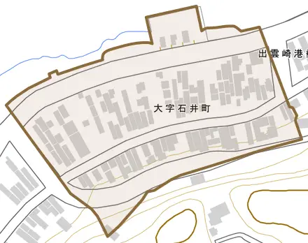 大字石井町とその周辺の地図。町の範囲を重ねている