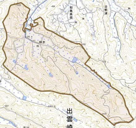 大字柿木とその周辺の地図。町の範囲を重ねている
