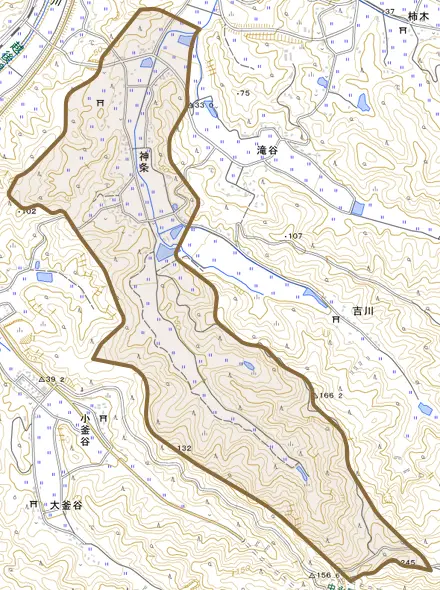 大字神条とその周辺の地図。町の範囲を重ねている