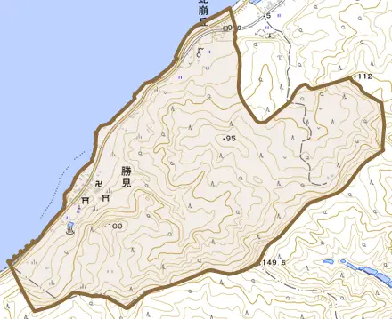 大字勝見とその周辺の地図。町の範囲を重ねている
