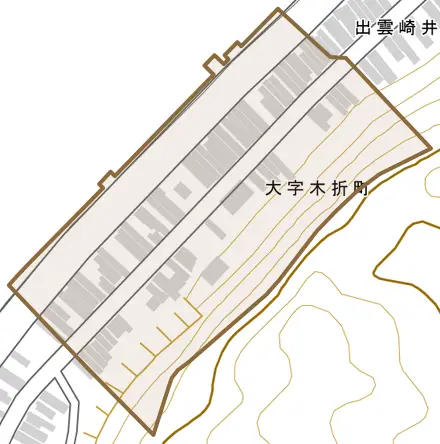 大字木折町とその周辺の地図。町の範囲を重ねている