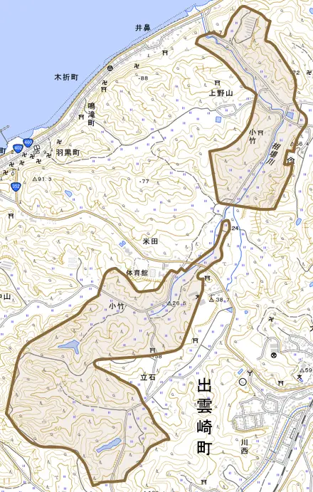 大字小竹とその周辺の地図。町の範囲を重ねている