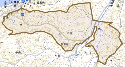 大字米田とその周辺の地図。町の範囲を重ねている