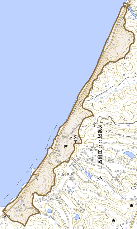 大字久田とその周辺の地図。町の範囲を重ねている