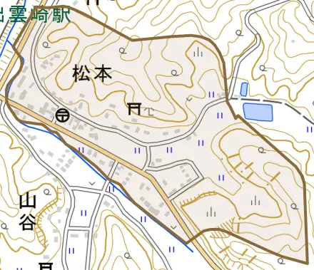 大字松本とその周辺の地図。町の範囲を重ねている