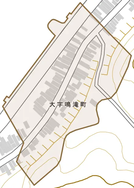 大字鳴滝町とその周辺の地図。町の範囲を重ねている