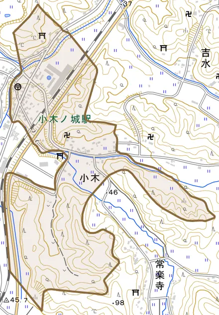 大字小木とその周辺の地図。町の範囲を重ねている